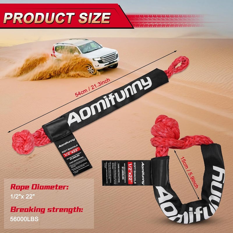 Aomifunny Synthetic Soft Shackle Rope, 2-Pack 1/2in x 22in, 56000 Lbs Breaking Strength, Synthetic Road Recovery Rope with Winch Ring for Sailing SUV ATV 4X4 Truck Jeep Safer Than Metal Shackle (Red) - Image 3